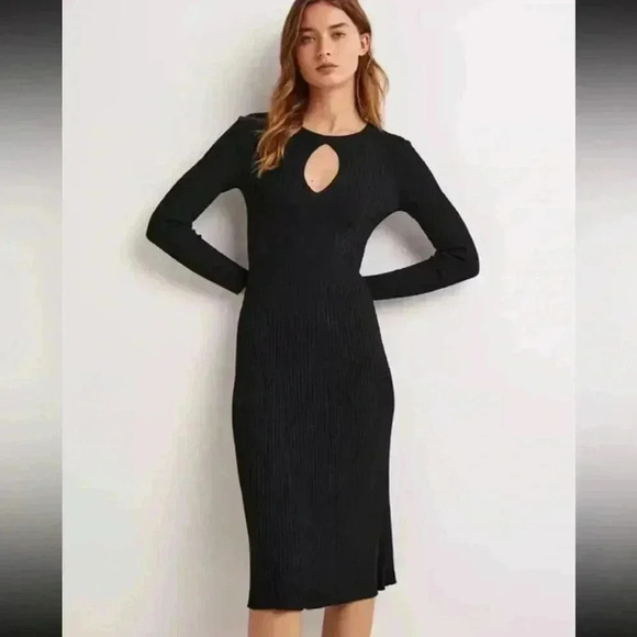 BODEN Ribbed Cut Out Dress UK 12R Black Keyhole Neck‎ Long Sleeve Fitted NWT - Picture 1 of 13